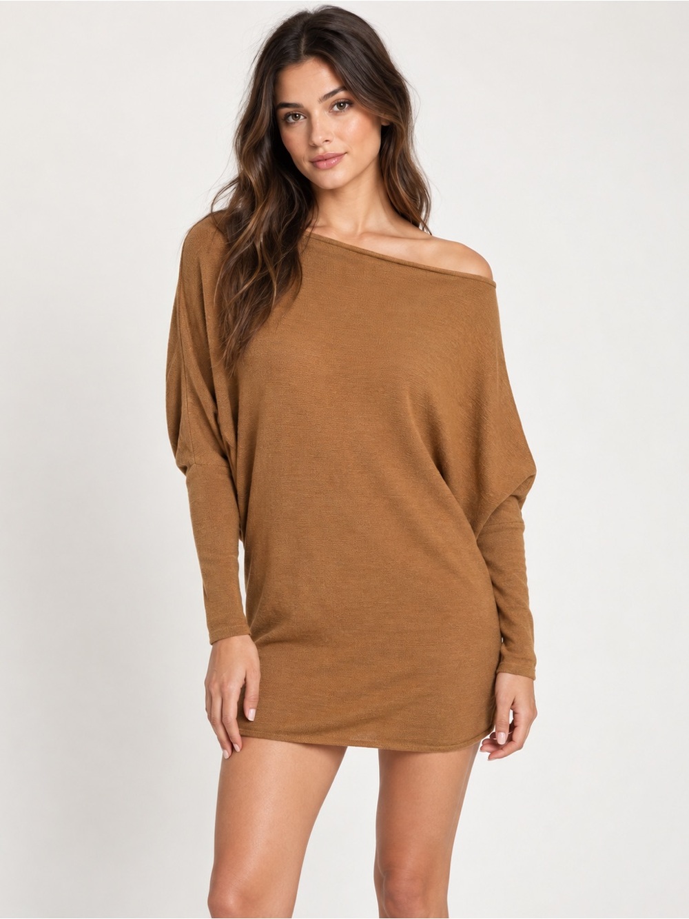NBD Revolve Cortado Camel Off Shoulder Sweater Mini Dress XS